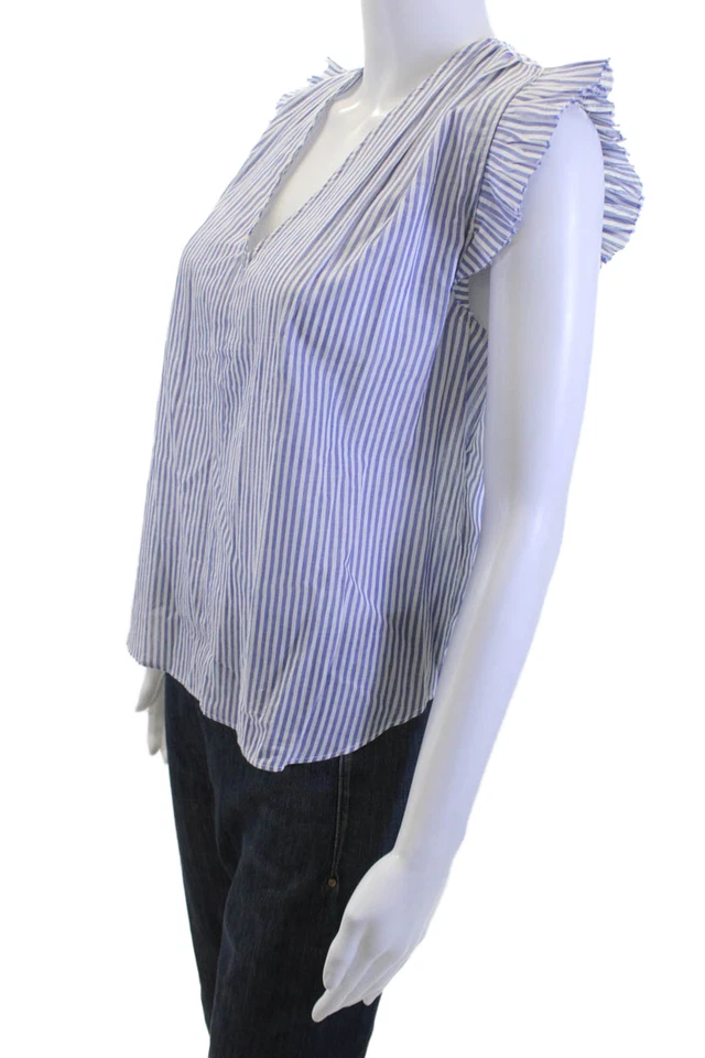Blusa de algodón a rayas con cuello en V azul con marco para mujer talla XS Foto 2 de 4
