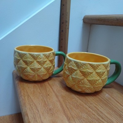 Set of 2 Tag Large Pineapple Mug cups coffee tea 3D yellow