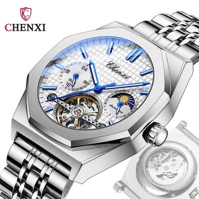 CHENXI Men's Octagonal Moon Phase Luminous Tourbillon Automatic Mechanical Watch