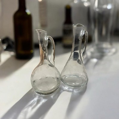 Pair of Vintage Floral Etched Glass Decanter/Pitcher with Handle, 10-11 