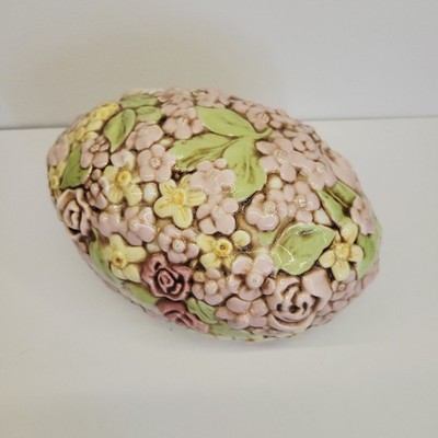  Ceramic Easter Egg Large  Shape Large Candy Dish Liden Trinket Box Floral VTG 