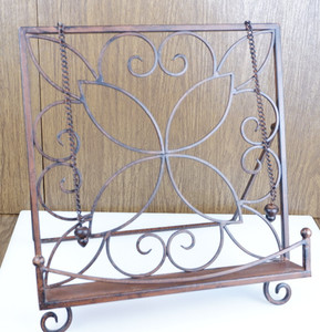 Vintage Wrought Iron Scroll Cookbook Stand with Weighted Chains | Book Holder