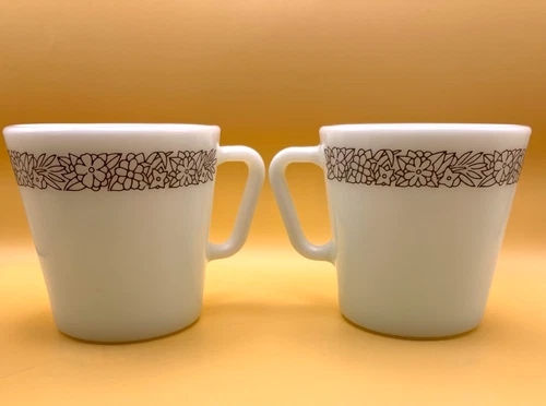 Vintage Pyrex Coffee Cups Milk Glass - Woodland Brown with D Handles Set/2