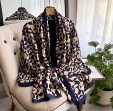 Luxury Geometric Print Scarf | Silky Touch Shawl 175x70cm | Elegant Navy Beige 