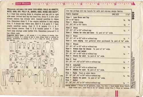 11½" Doll Clothing Wardrobe Simplicity 6208 Vtg 1965 Sewing Pattern - Picture 6 of 6