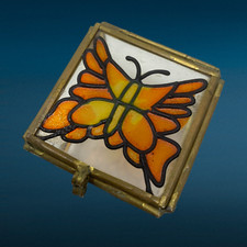 Vintage 1970's Slag Stained Glass Butterfly Petite Trinket Box Hinged Lid Taiwan