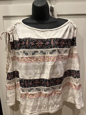 Free People Medley Drawstring Sleeve Striped Lace Top Ivory Small