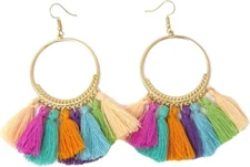 Honbay Women Colorful Bohemian Big Circle Fan Shape Tassel Earring Fashion 