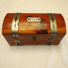 ANTIQUE CEDAR JEWELRY CHEST WITH ARCHED TOP, METAL HANDLES & STRAPS, AND CLOSURE