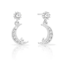 Sterling Silver Cubic Zirconia Crescent Moon Tiny Heart Dangling Stud Earrings