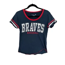 Braves Baseball T-Shirt Navy Red Accents New Era Women's XS 100% Cotton