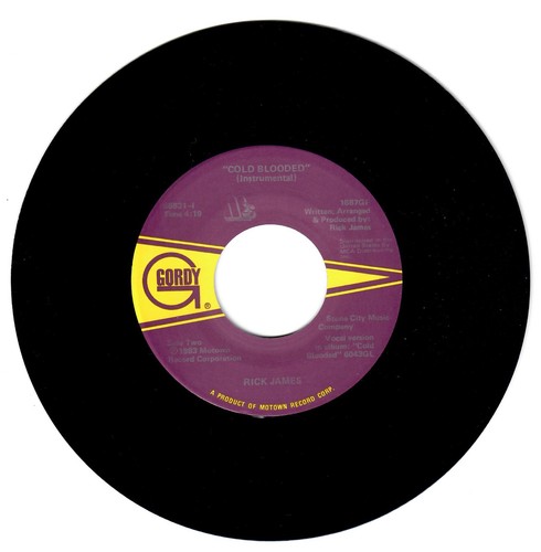 Rick James 1983 Gordy 45rpm "Cold Blooded" b/w "Cold Blooded (Instrumental)" - Picture 2 of 2