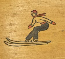 Vintage Wooden Box with hand painted Skier on Lid holds 2 decks of Playing Cards