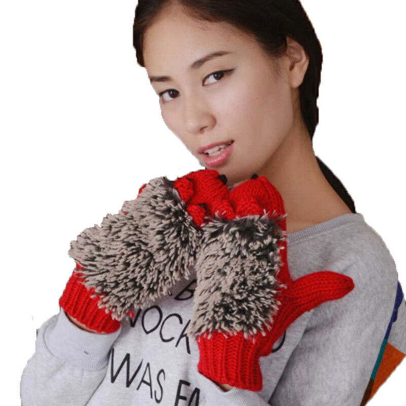 Womens Ladies Winter Warm Hedgehog Shaped Knit Gloves Wrist Hand