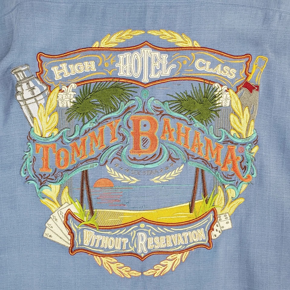 TOMMY BAHAMA Size Medium 100% Silk High Class Hotel Blue Mens Hawaiian Shirt - Image 2 of 4