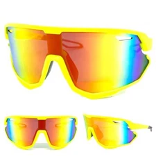 Oversized RETRO SPORTY WRAP Shield Cycling SUN GLASSES Large Neon Yellow Frame