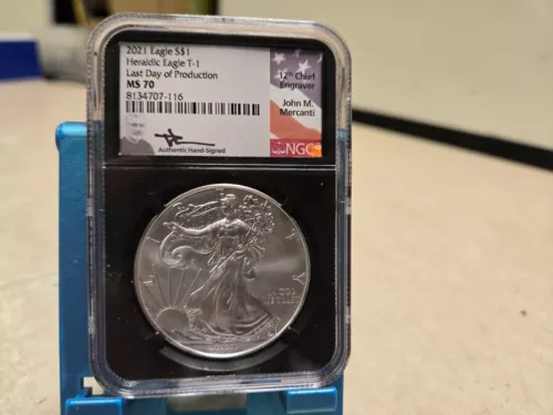 2021 Silver Heraldic Eagle T-1 MS70 Last Day of Prod Mercanti Signed NGC MS70
