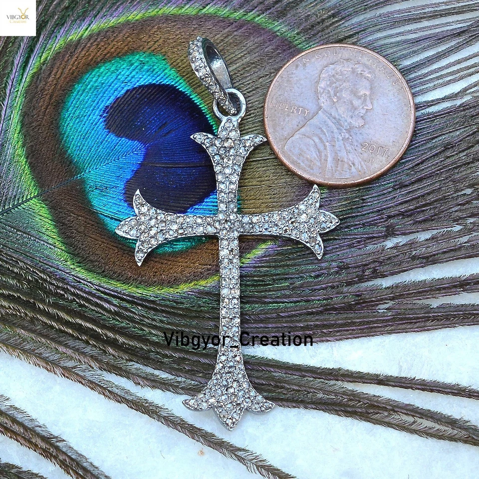 Colgante Pavé Natural Diamante Santa Cruz 16" Cadena de Eslabones 925 Plata Sólida Joyería Foto 2 de 4