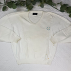 White VTG Christian Dior men’s V-neck sweater with blue monogram and laurel wreath logo on chest, made in USA.
