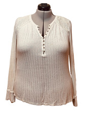 Lucky Brand Plus Size 1X Ivory Knit Henley w Embroidered Shoulder, Long Sleeve