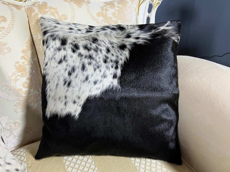 Luxury Cowhide Pillow Cover – Genuine Hair-On Leather Cushion Black & White 16" - Image 4 of 4
