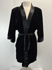 Vtg California Dynasty Velvet Velour Robe Black Women  s Satin Trim Boudoir Short