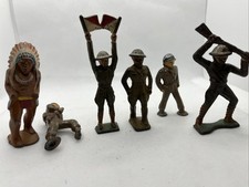 Set Of 6 Vintage Painted Grey Iron Standing soldier And Indian 4.5" tall Check