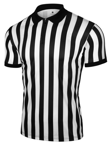 Mens Official Black & White Stripe Referee Shirt Zipper Collared Short Sleeve...