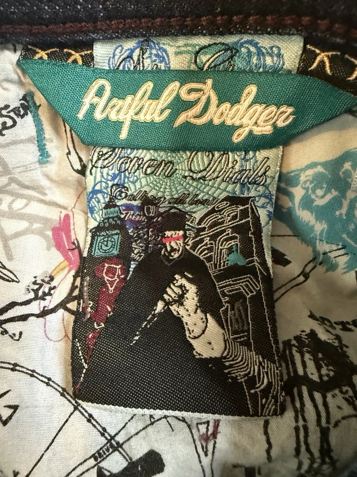 Artful Dodger Y2K Embroidered Baggy Jeans RARE Jack the Ripper Theme Sz 44 - Image 3 of 4