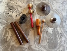FIVE VINTAGE RHYTHM INSTRUMENT COLLECTION CLAVES CYMBALS