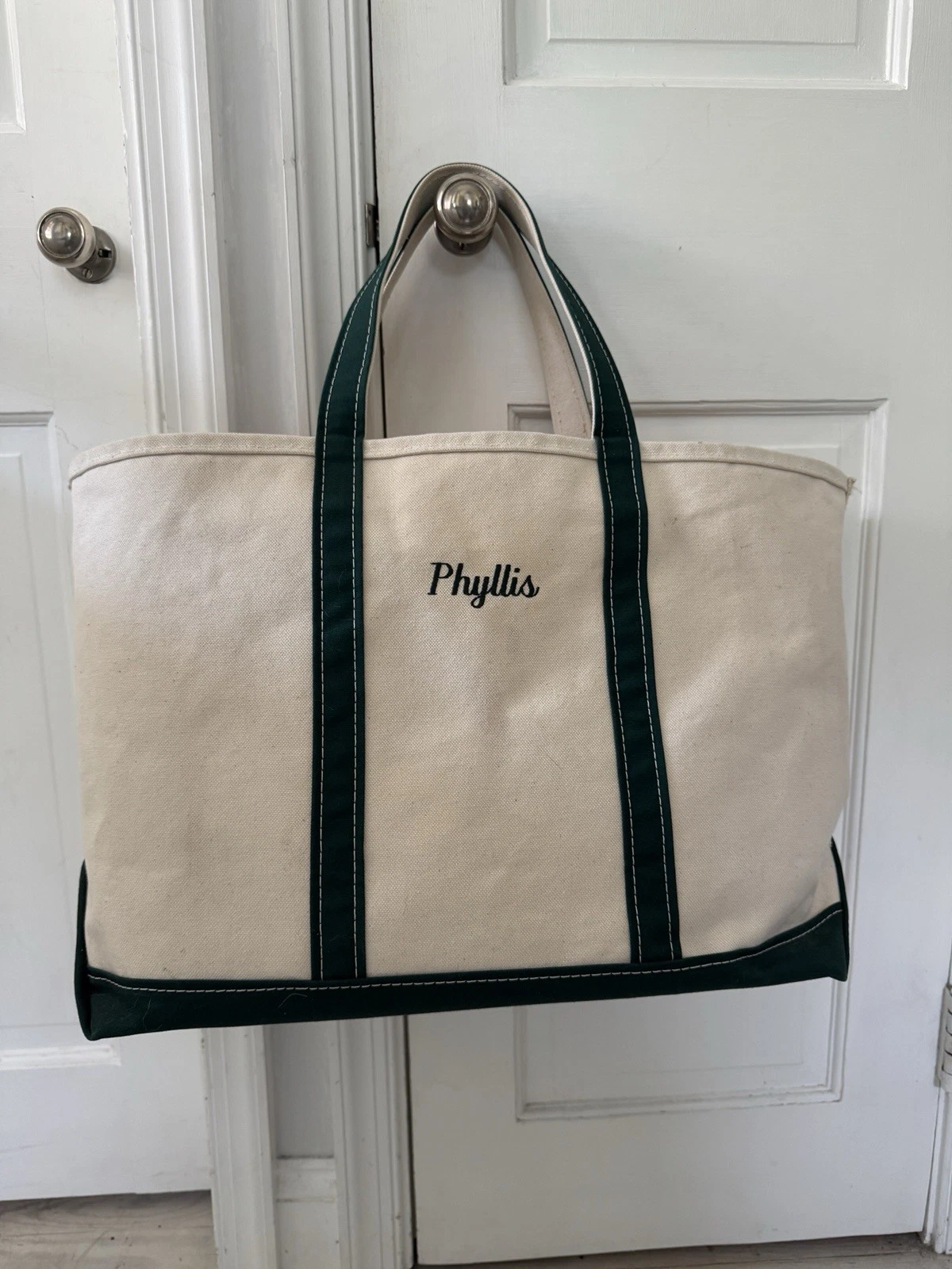 Vintage L.L. Bean Boat And Tote Bag Medium Beige Green Canvas Made In USA 80s