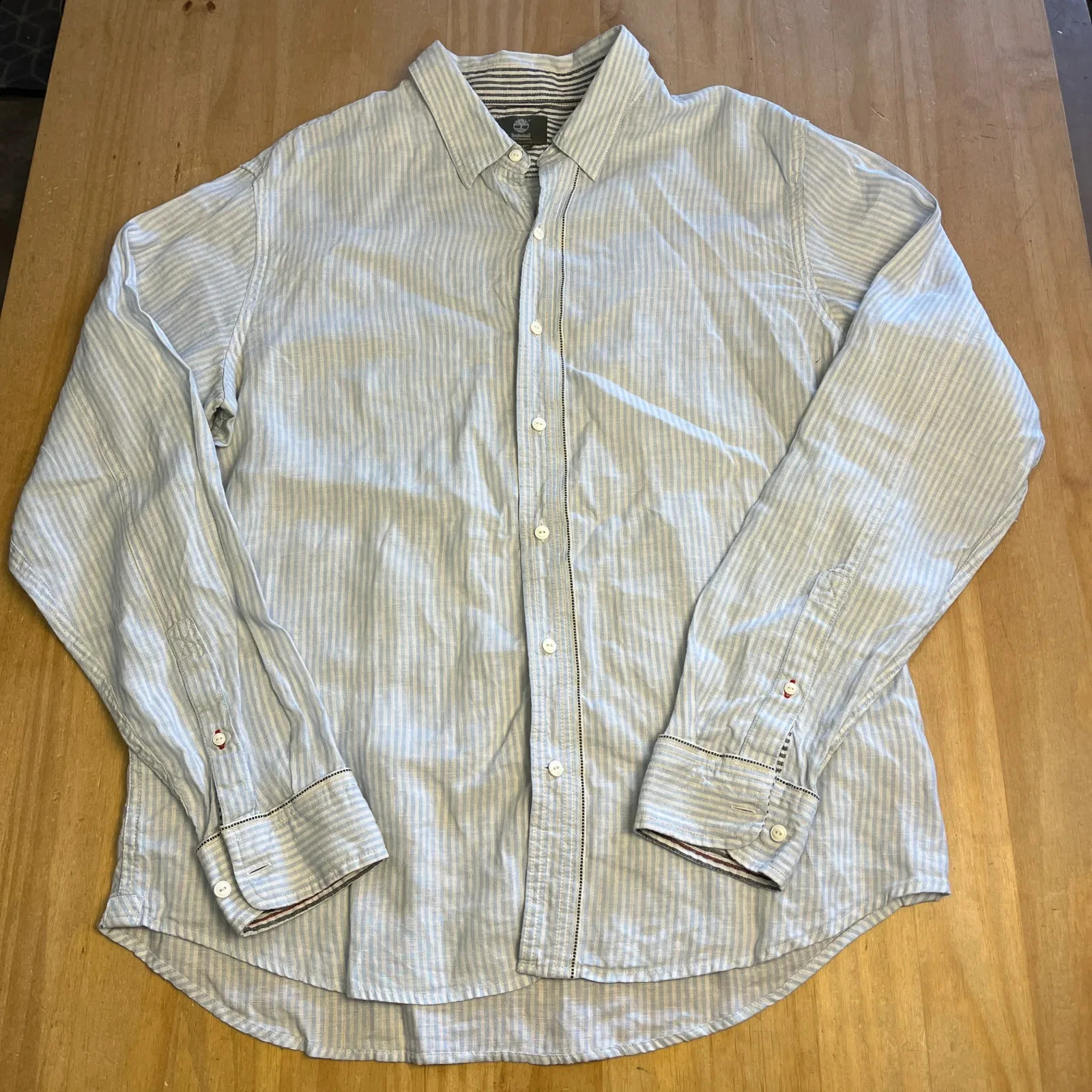 Timberland Button Up Shirt Mens XL Light Blue Linen Striped Long Sleeve Summer