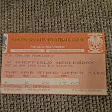 Coventry City v Sheffield Wednesday 16/4/94 Ticket Stub