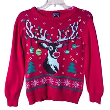 Reindeer Christmas Sweater – XS/S – Red Holiday Knit – Lights & Ornaments