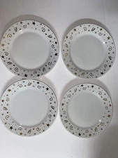 Pampered Chef Dessert Plates (4) 8" White with Gold Celebration Stars & Confetti