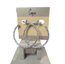 Sequin Women's Trendy Silver Plated Pierced Hoop Earrings NWT 2"