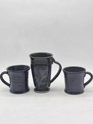 Vintage Set Of 3 Studio Art Pottery Blue, Green, Brown Hand Thrown Coffee Mugs