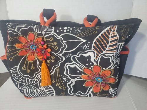 Laurel Burch Medium 14"x10" Floral orange über schwarz Reißverschluss Tragetasche LB6063