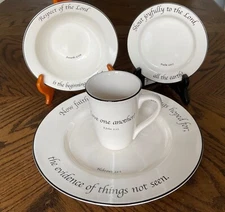 FEED ON THE WORD 4 Pc Place Setting Dinner Plate, Bread Plate, Cereal Bowl, Mug