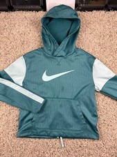 Nike Hoodie Girls Large Blue Green Dri Fit Swoosh Logo w Pocket Pullover
