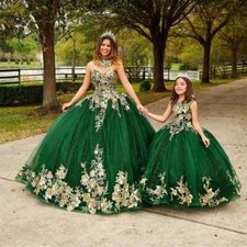 Green Ball Gown Quinceanera Dresses Gold Lace Applique Sleeveless Sweet 16