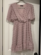 SHEIN Blush Swiss Dot Dress Women’s M Flutter Sleeve V Neck Midi Lined Pullover