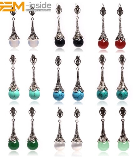 Boucles d'oreilles goutte dangle bijoux argent tibétain grès cristal turquoise clou - Photo 1/40