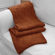 60x80 Dark Terracotta Knit Throw Blanket, Oversized Cable, Rust, Soft, Cozy