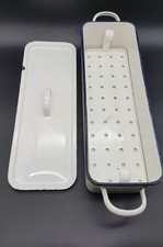 Ancienne Poissonnière Tôle Émaillée Blanc Liseret Bleu 42 cm Complète Bon État