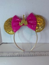 Mouse Ears Headband Gold Glitter Sequin Ears with a Pink Sequin Bow and Castle