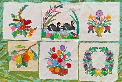 Lot of 6 Applique Baltimore Album style Quilt Blocks EUC