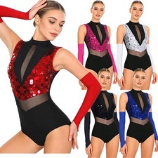 Women Outfit Waist Bodysuit Dance Dancewear Cutout Sequin Gymnastics Shiny Mesh