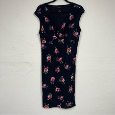 Ann Taylor Navy Blue Floral Print Sheath Dress Womens M Cap Sleeve Mini Preppy