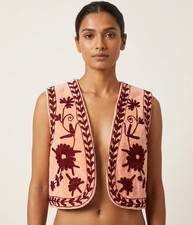 Women's Handmade Pink Embroidered Velvet Vest Burgundy Floral Boho Chic